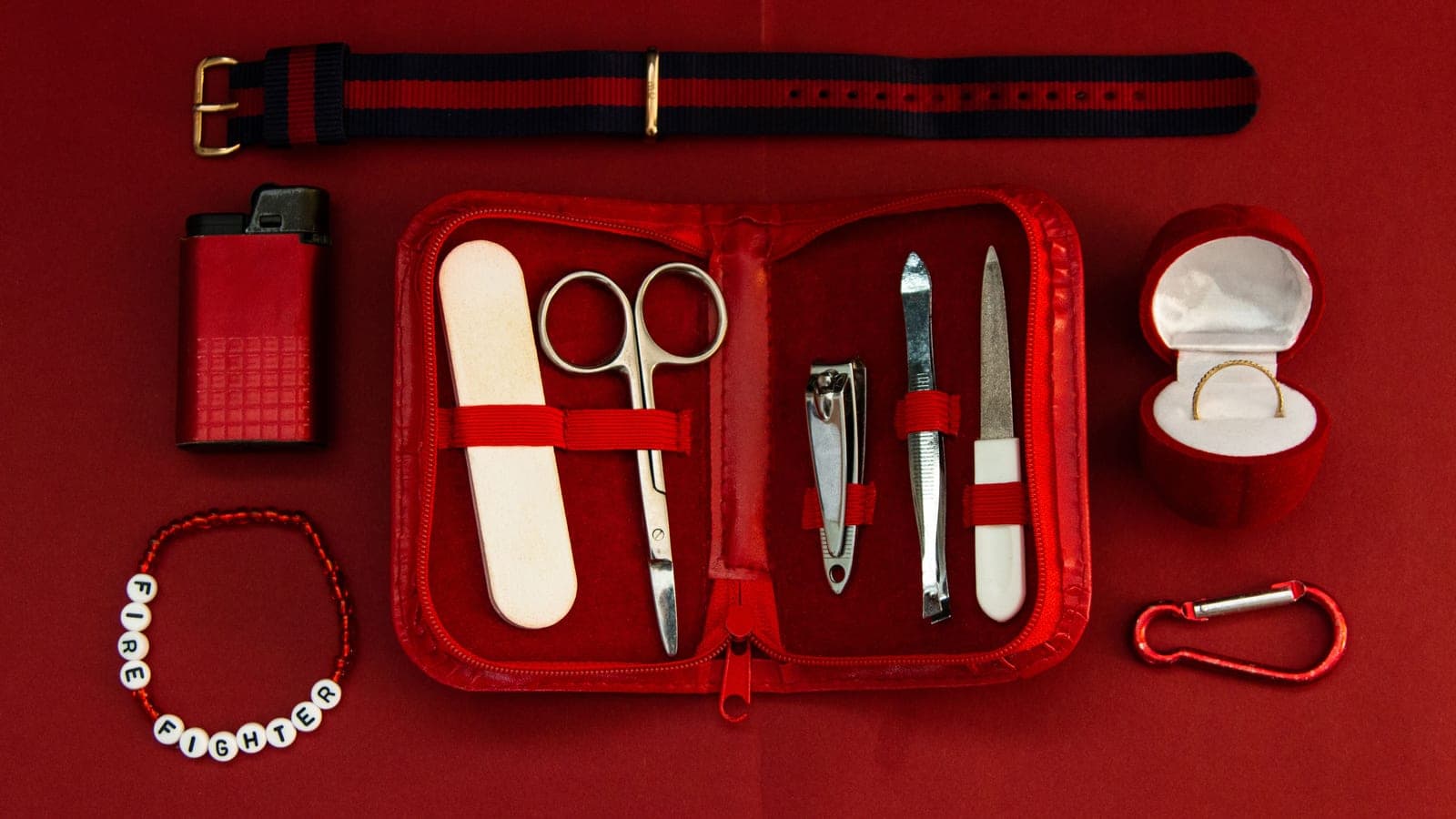 An at-home gel manicure kit laid out with bottles and tools